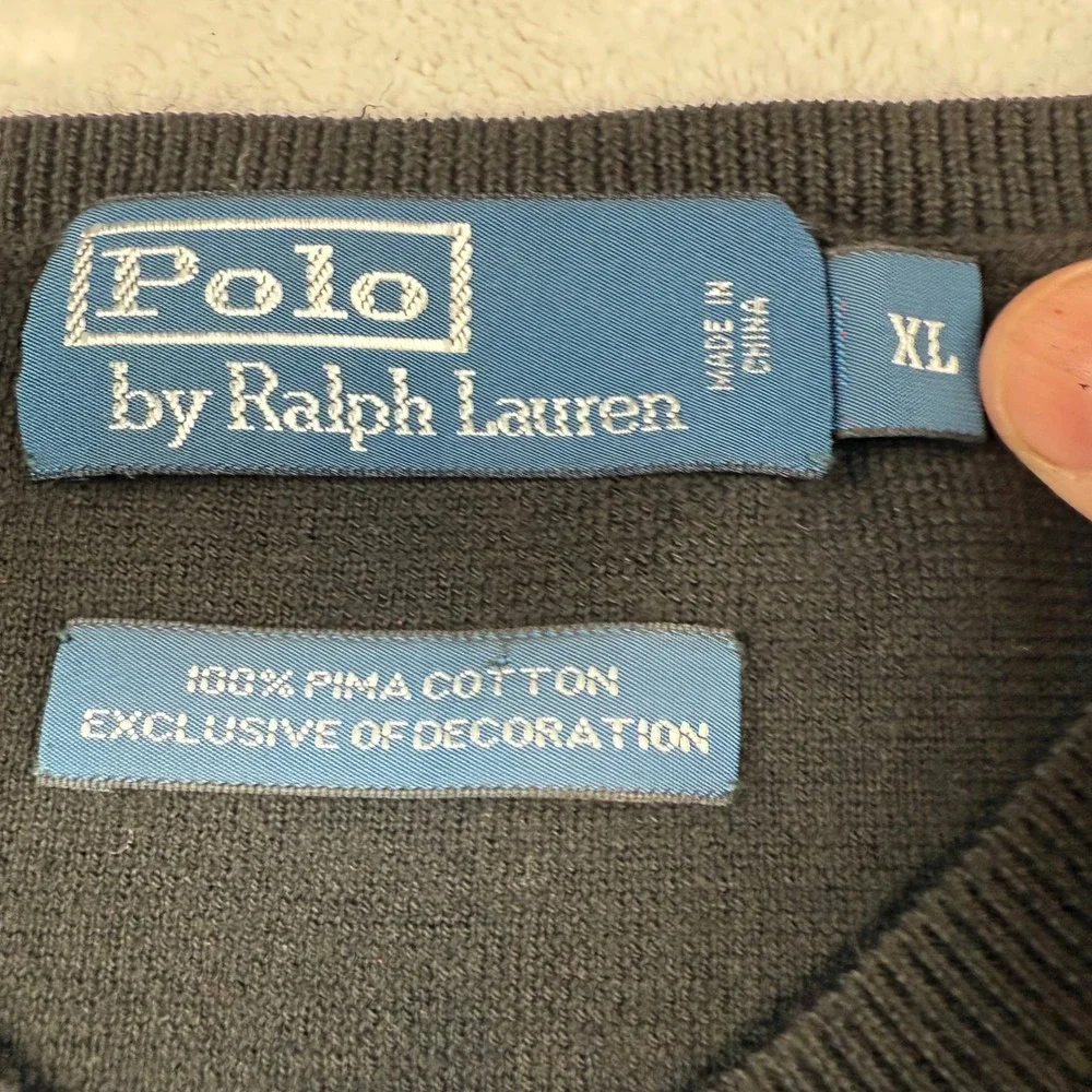 Polo Ralph Lauren Mens V Neck Black 100% Pima‎ Cotton Sweater XL